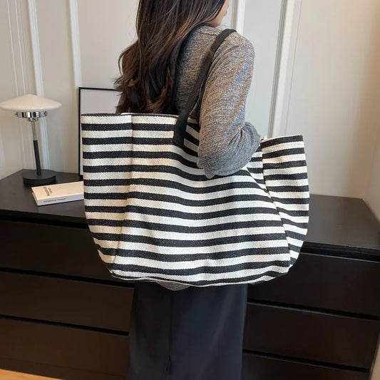 Casual Striped Canvas Bag for Women | Large Capacity Shoulder Bag & Daily Shopping Tote (Student Bookbag for School, Travel, Beach)