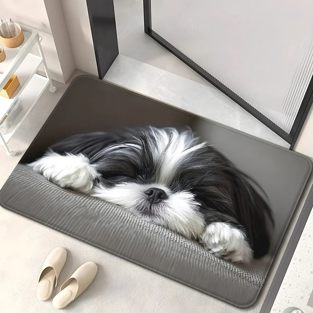 VIKAMA Cute Shih Tzu Doormat, Washable Pet Rug for Bedrooms, Living Rooms, and Entryways, Playful Design Small Dog Bed