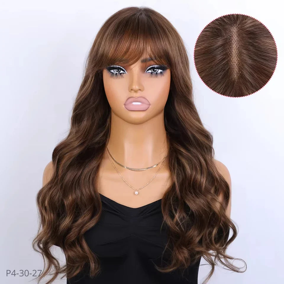 Natural Color 22" Body Wave Wig with Bangs | 180% Density Remy Human Hair Middle Part Lace