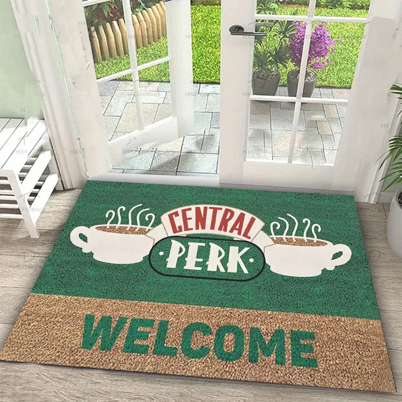 Carpet Central Perk Logo Mat Coffee Cup Printing Rug Friends TV Theme Door Mat Welcome Text Home Decoration Indoor Outdoor Use