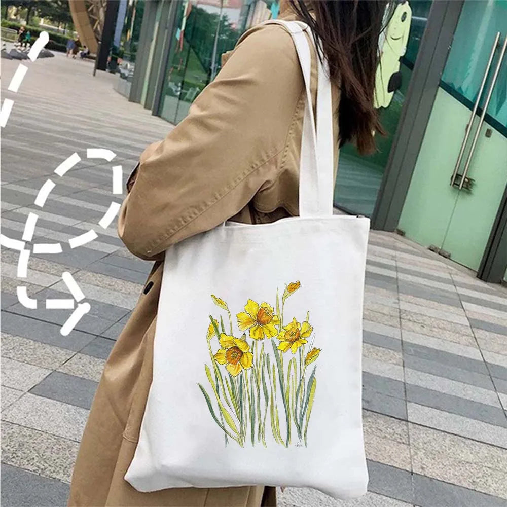 Succulove Floral Cotton Tote Bag | Large Capacity Handbag with Tulips, Hydrangeas, Sunflowers & More (Casual Shoulder Shopper, Eco-Friendly)