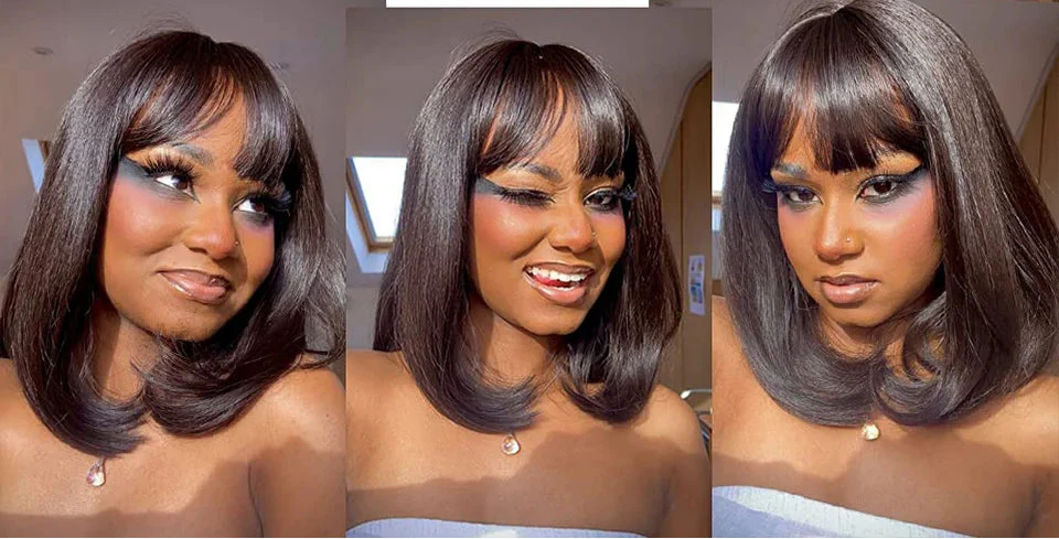 Short Straight Bob Human Hair Wig with Bangs | Full Machine Made Remy Hair | Natural Color