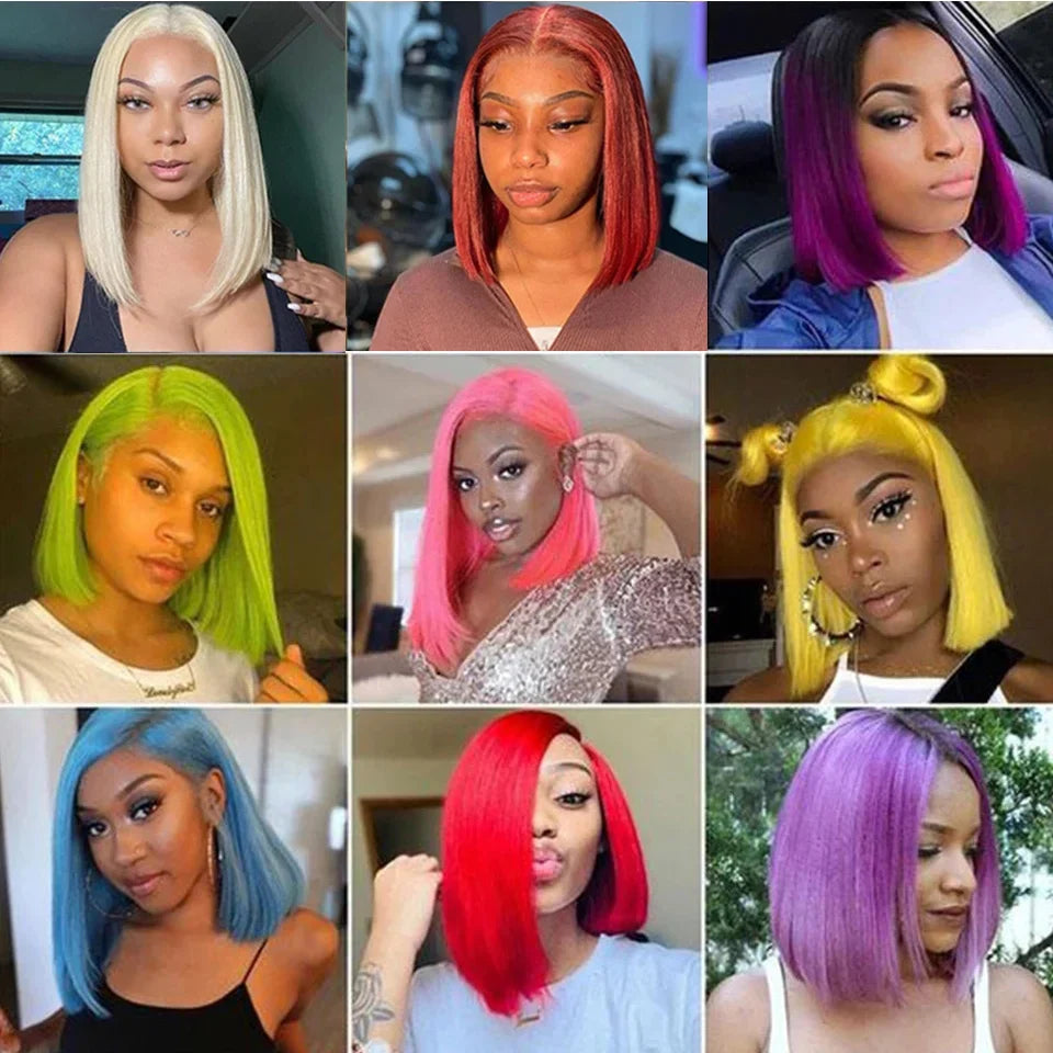 Purple Straight Bob Wig | 13x5x1 Brazilian Human Hair Lace Part with 180% Density (Party Style, Remy)
