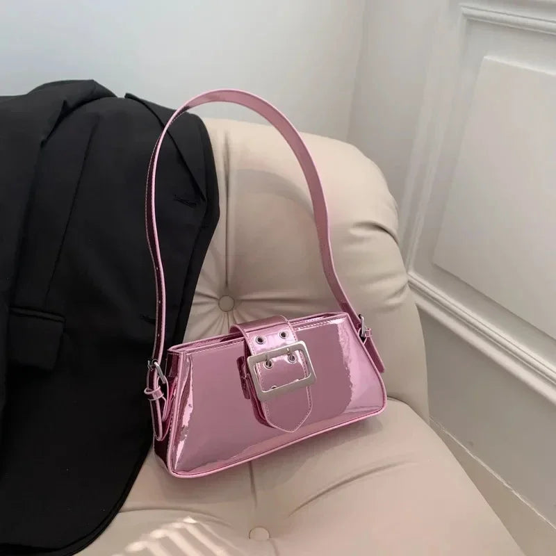 New Luxury Design Women's Glossy PU Leather Armpit Bag | Fashion Party Handbag (Patent Leather Silver Shoulder & Crossbody Bag)