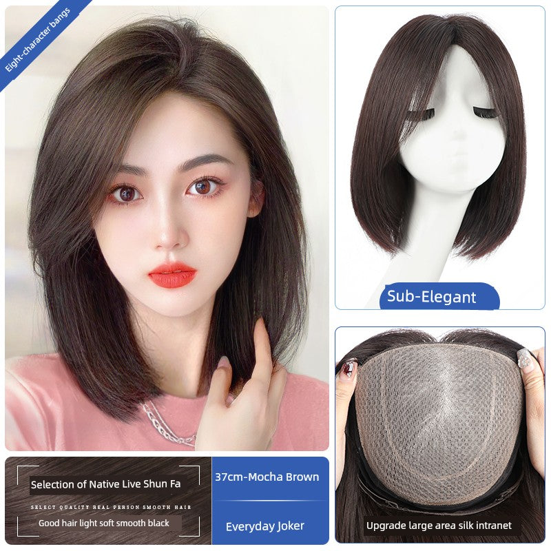 Natural Full-Head Human Hair Wig | Classy Collarbone Length Short Straight Wig with Oblique Bangs for Women (Sweet & Lovely, Elegant Style)