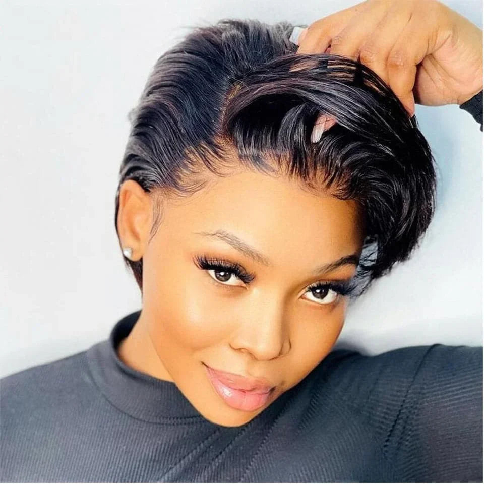 13x4 Side Part Pixie Cut Human Hair Wig | Wavy Short Bob Lace Front | 180% Density