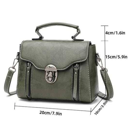 Vintage Turn-Lock Square Satchel Bag | Solid Color Women's Classic PU Leather Shoulder & Crossbody Bag