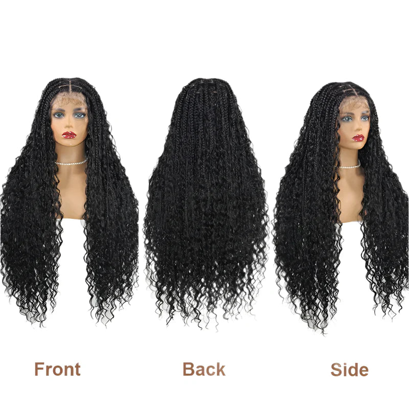 Burgundy Boho Box Braids Wig | Curly Goddess Locs | Full Lace Front | Synthetic Hair | Women