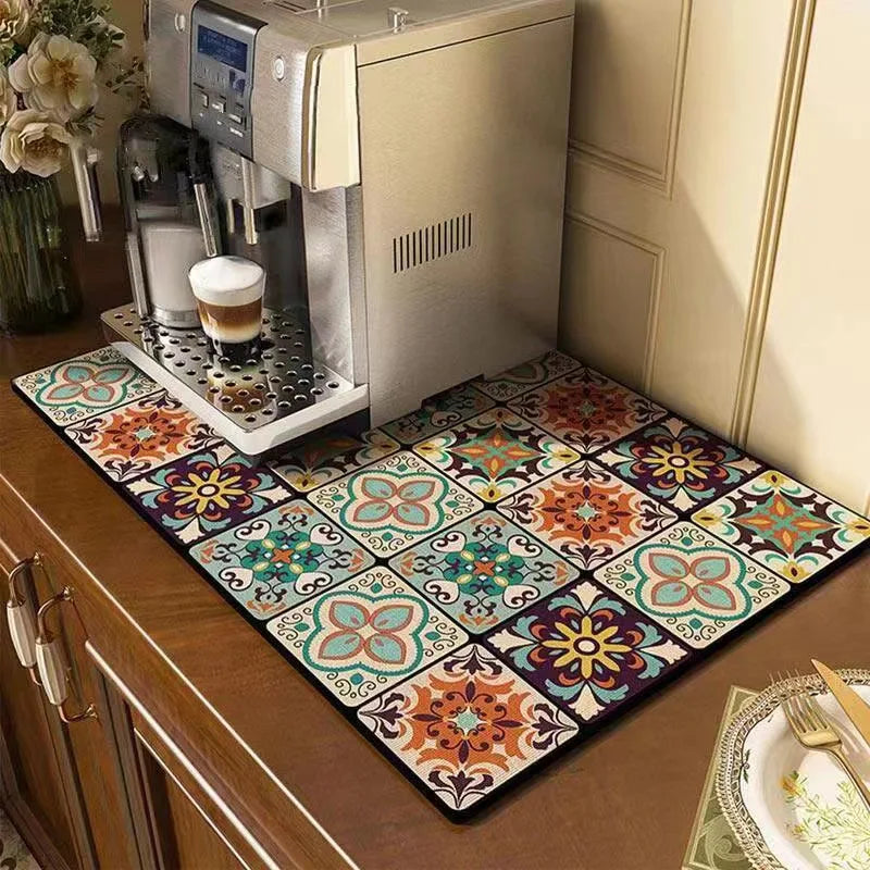 Classical Floral Diatomaceous Earth Coffee Machine Mat Kitchen Bar Absorbent Drainage Mat Washable Thermal Insulation Scald Mat