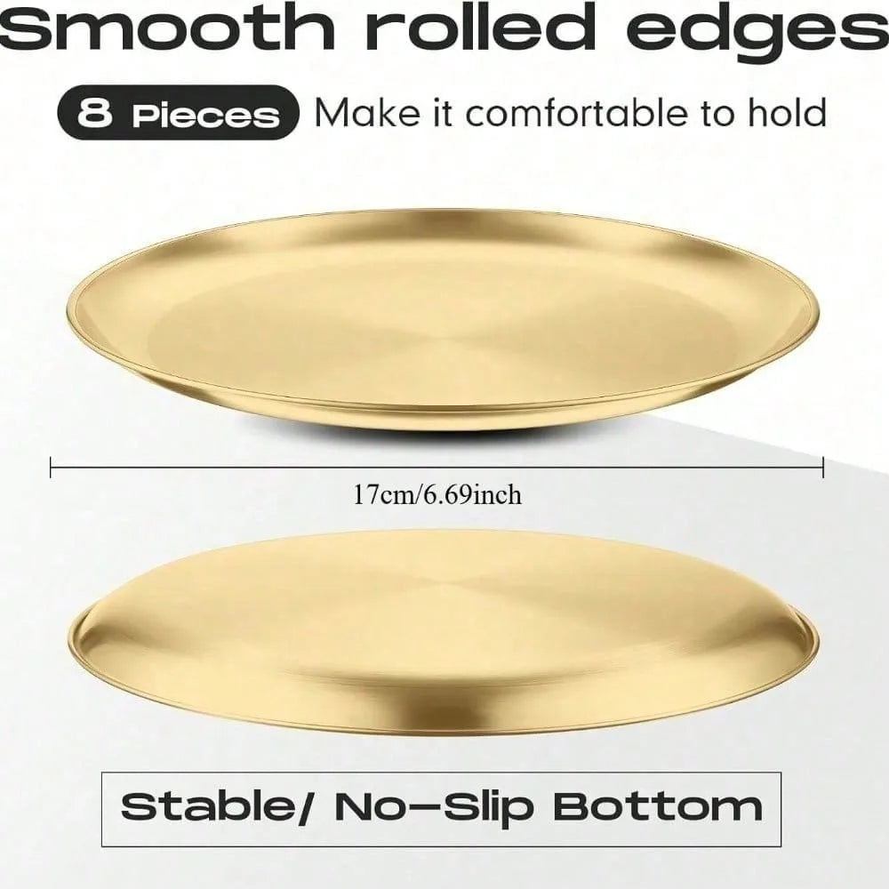 8pcs Korean Stainless Steel Barbecue Thick Gold Round Plate 17CM Barbecue Plate Steel Food Serving Trays Dinner Plates