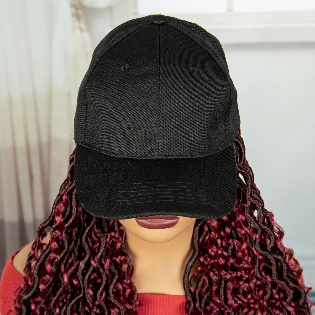 Burgundy Knotless Braids Hat Wig with Curly Ends | Adjustable Baseball Cap