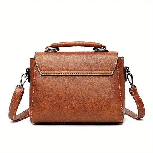 Vintage Turn-Lock Square Satchel Bag for Women | Classic PU Leather Shoulder & Crossbody Handbag (Everyday Tote, Secure Travel Purse)