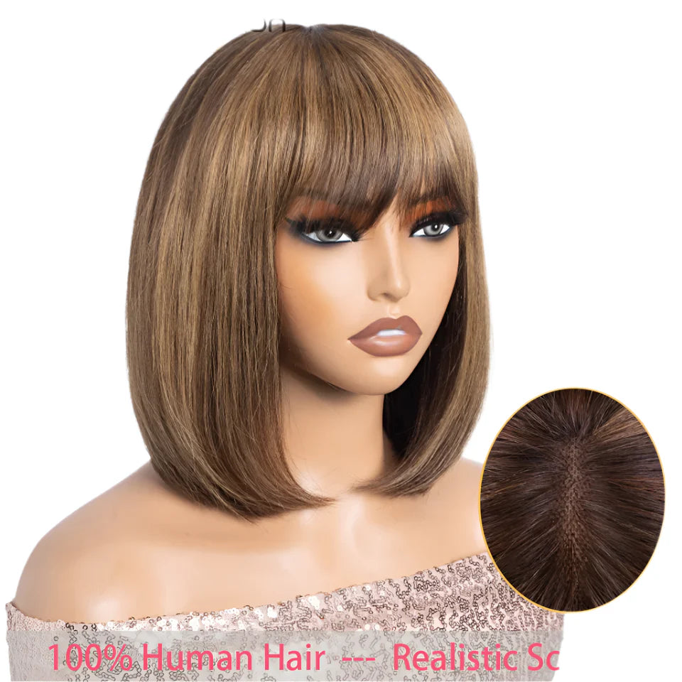Ombre P4/30 Bob Wig with Bangs | 2.5"x1" Lace Top Straight Human Hair