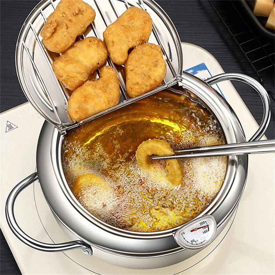 Japanese Deep Frying Pot with a Thermometer and a Lid 304 Stainless Steel Kitchen Tempura Fryer Pan 20 24 cm