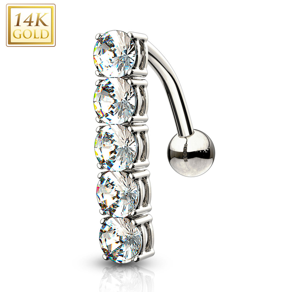 14k Solid White Gold Cubic Zirconia Quintet Top Mount Belly Ring