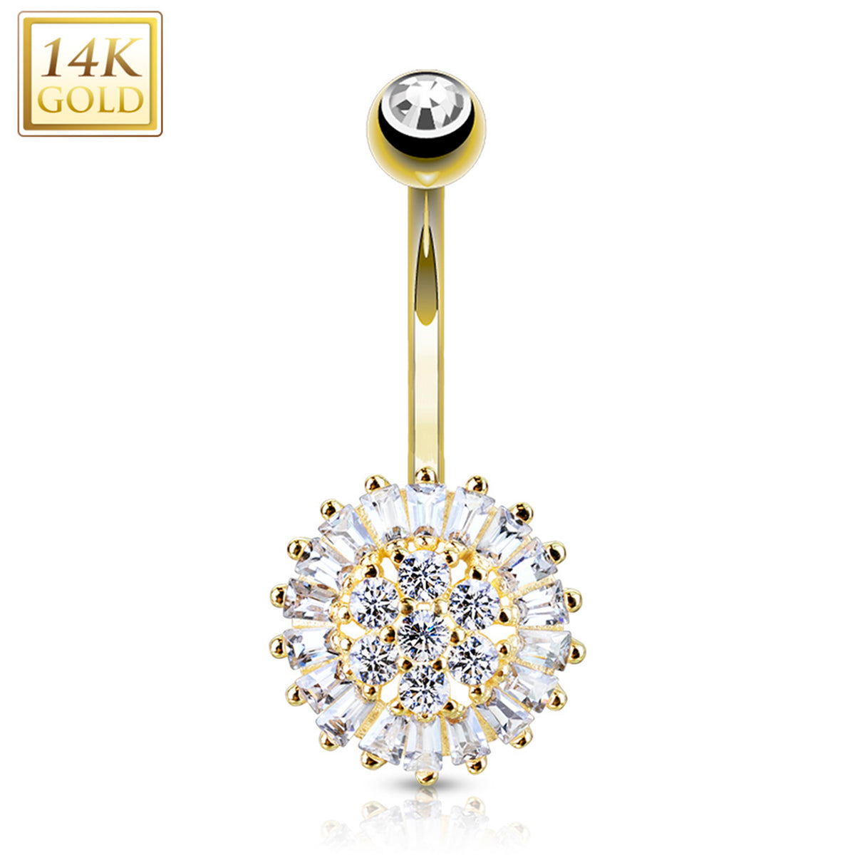 14k Solid Yellow Gold Cubic Zirconia Sunflower Belly Ring