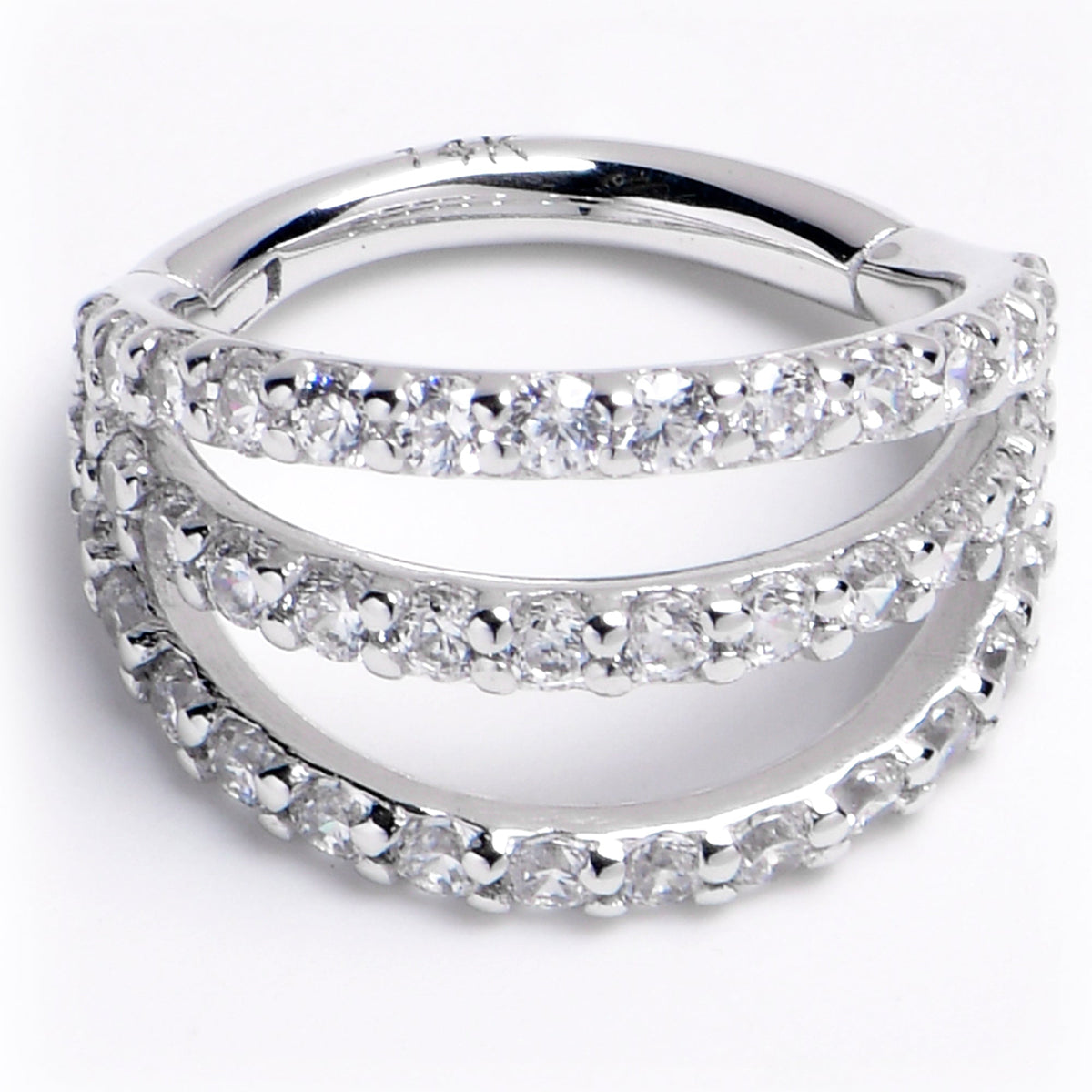 16G 5/16 Solid 14K White Gold Clear CZ Gem Row Hinged Segment Ring