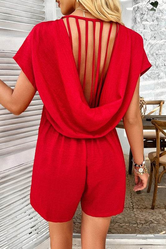 Solid Deep V Neck Drop Shoulder Loose Pockets Romp