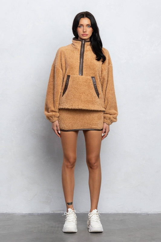 Addison Cozy Half Zip Top & Mini Skirt Set – Fuzzy Lounge Wear for Women
