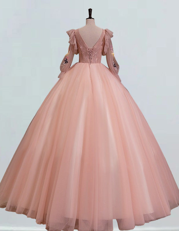 Girls' Elegant Pink Lace Long-Sleeve Scoop Neck Ball Gown Prom Dress