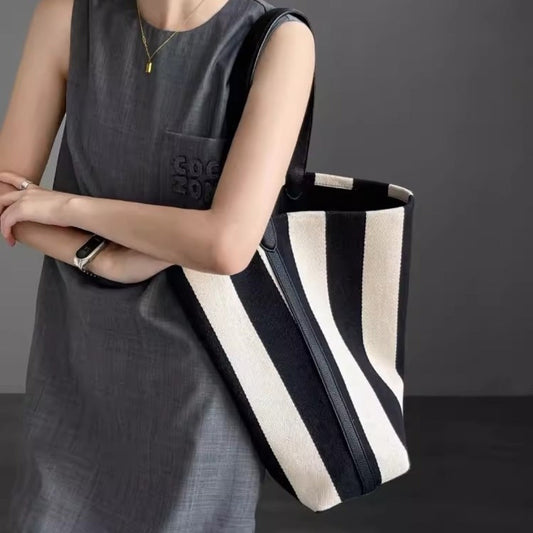 Striped Canvas Bag Large Capacity – Stylish Tote Bag, Versatile Shoulder & Bucket Bag