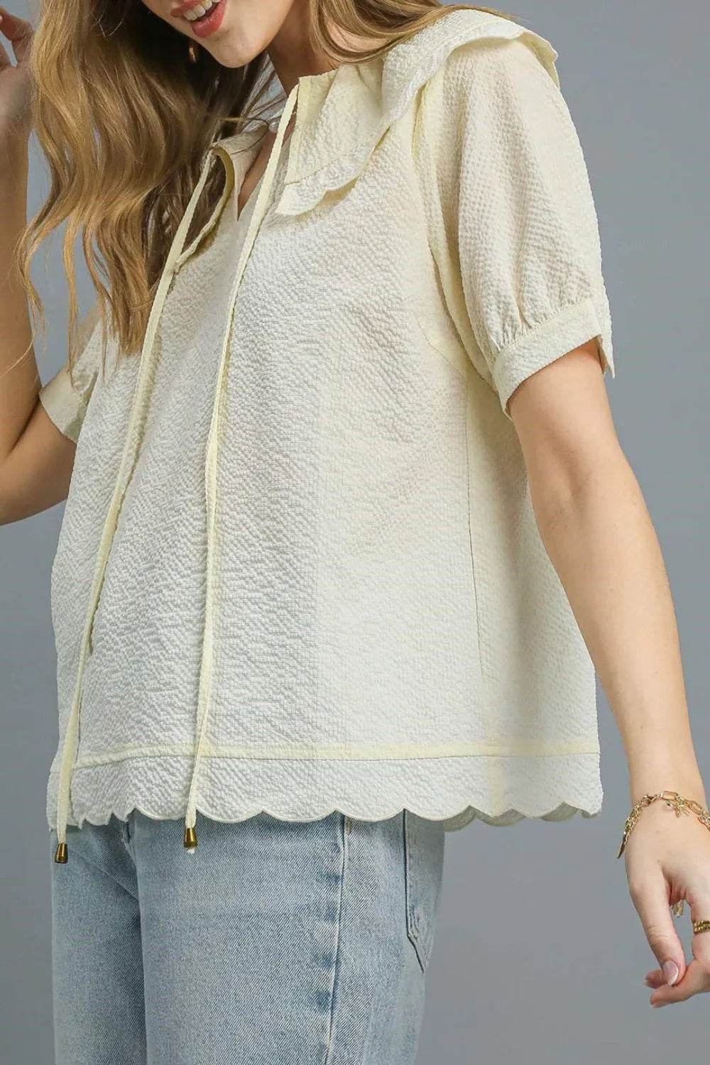 Umgee Peter Pan Collar Short Sleeve Blouse