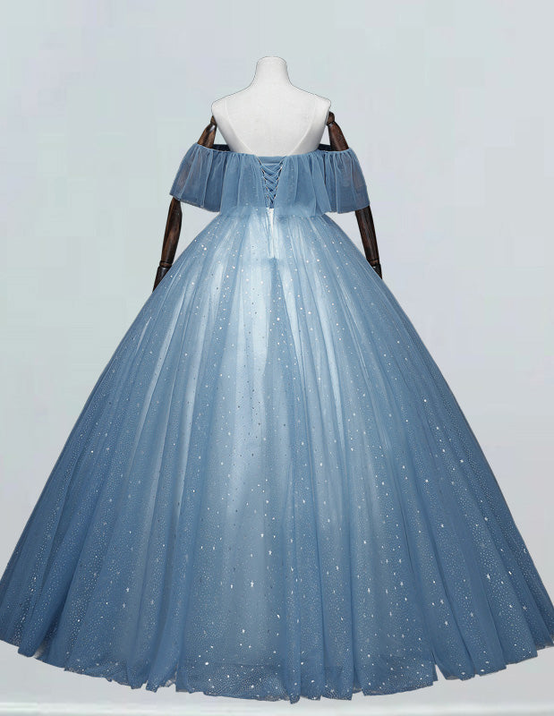 Blue Floor length Ball Gown Off-the-shoulder Princess Bridal Dress Applique Lace Evening DressTulle A line Long Formal Party Gown