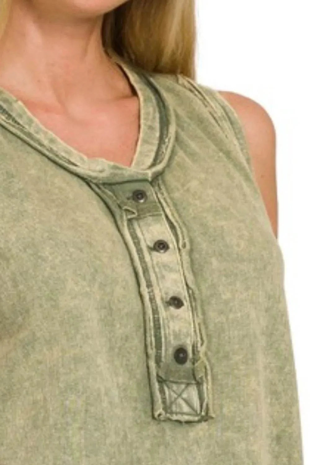 Zenana Washed Half-button Raw Edge Sleeveless Henley Top