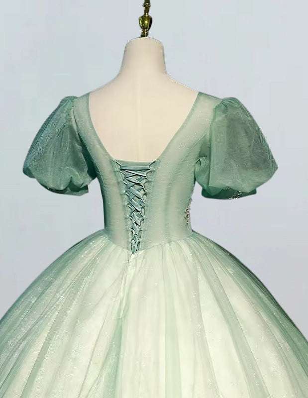 Green v neck short sleeve lace beaded long prom dress ball gown