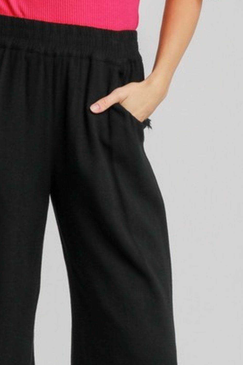 Umgee Full Size Linen Blend Elastic Waistband Wide Leg Pants Plus Size