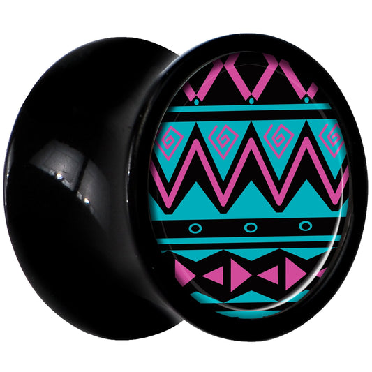 Black Acrylic Pink Teal Tribal Print Saddle Plug Set 0G