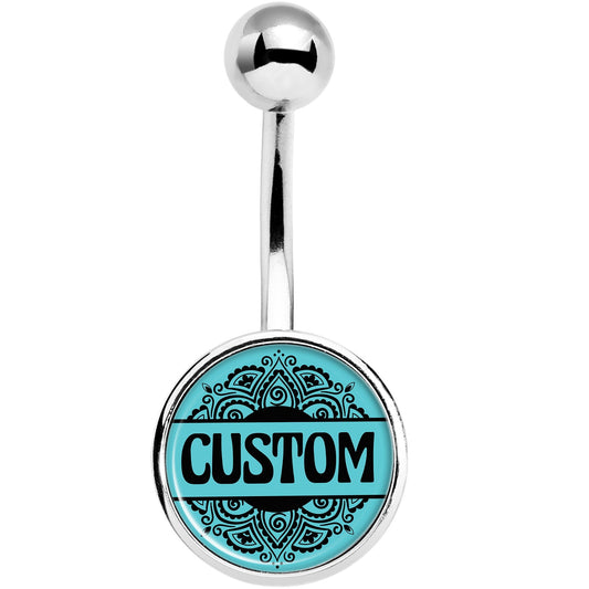 Custom Teal Mandala Personalized Name Belly Ring