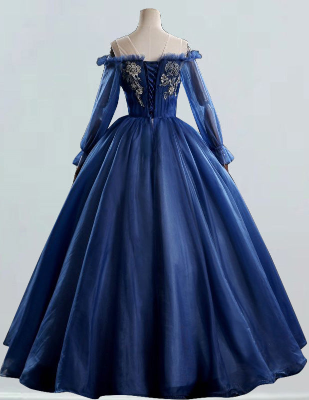 Navy blue scoop lace applique beaded tulle prom dress ball gown long sleeve princess evening party gown
