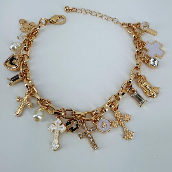 Chain Bracelet Cross, Hearts, Charms