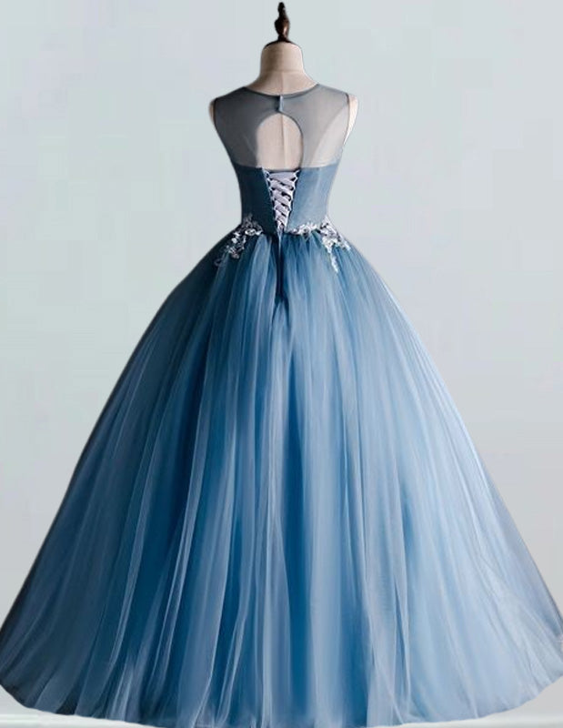 Women's Elegant Blue Beaded Lace Prom Gown with Sleeves | Scoop Neck Evening Dress