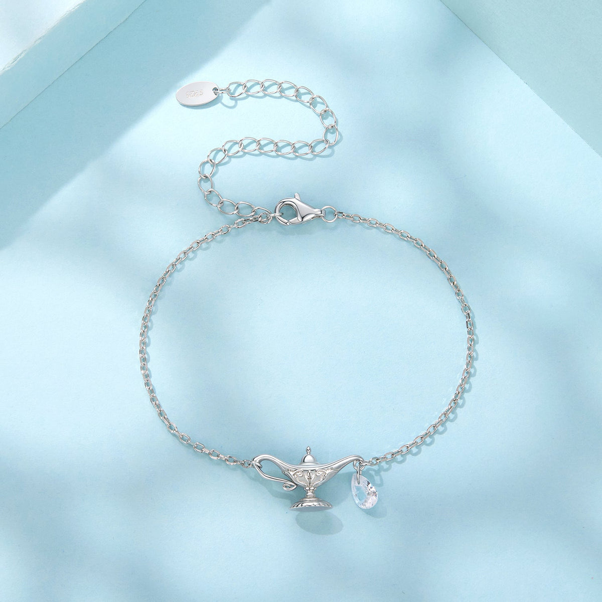 925 Sterling Silver White Gold Plated CZ Pavé 15+6cm Chain 1.0x1.7cm Pendant Bracelet for Women