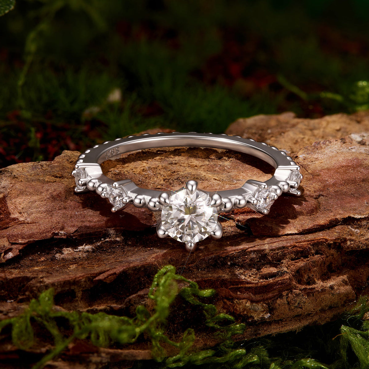 925 Sterling Silver White Gold Plated Size 6 Moissanite Pavé CZ Ring for Women