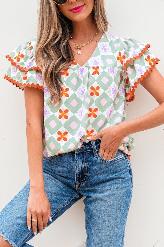 Belen Floral Layered Flutter Sleeve Rac Trim Blous