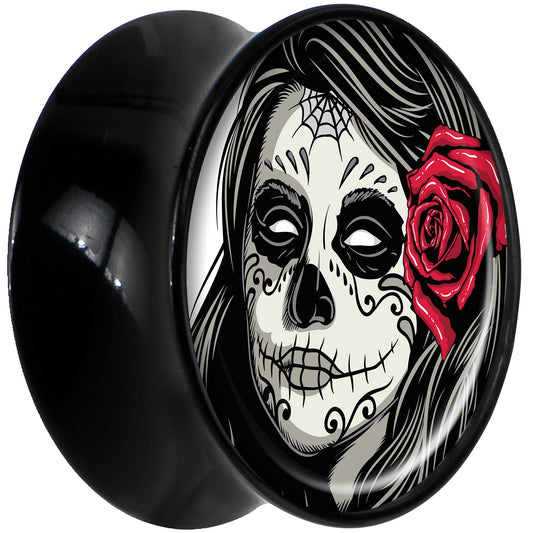 Black Acrylic Katrina Sugar Skull with Rose Flower Saddle Plug Set 18mm