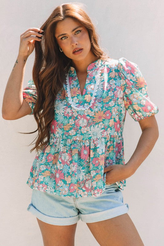 Amaris Notched Neck Puff Short Sleeve Floral Blous