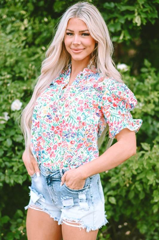 Azaria Floral Print Button Split Neck Puff Sleeve