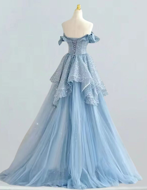 Women's Blue Strapless Sequin Tulle Evening Gown | Prom & Bridesmaid Dress