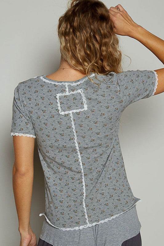 POL Lace Detail Floral V-Neck Button Detail Short Sleeve T-Shirt
