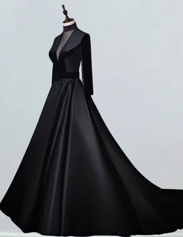 Women's Velvet Satin V-Neck Prom Dress | Elegant Sweep Train Evening Gown