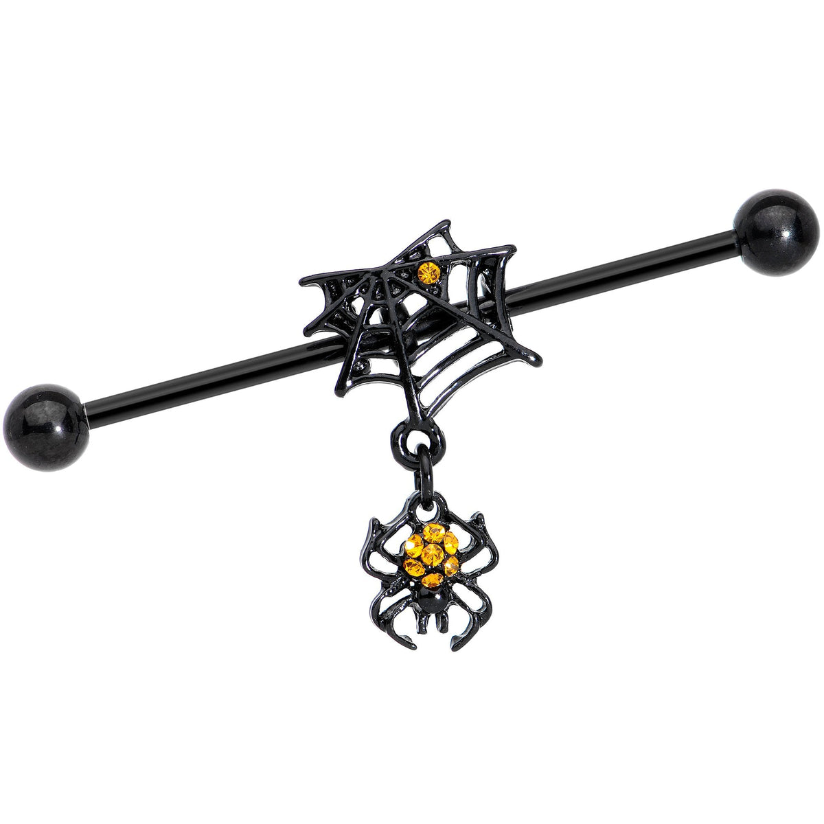 Yellow Black Gem Spider Web Halloween Dangle Industrial Barbell 38mm