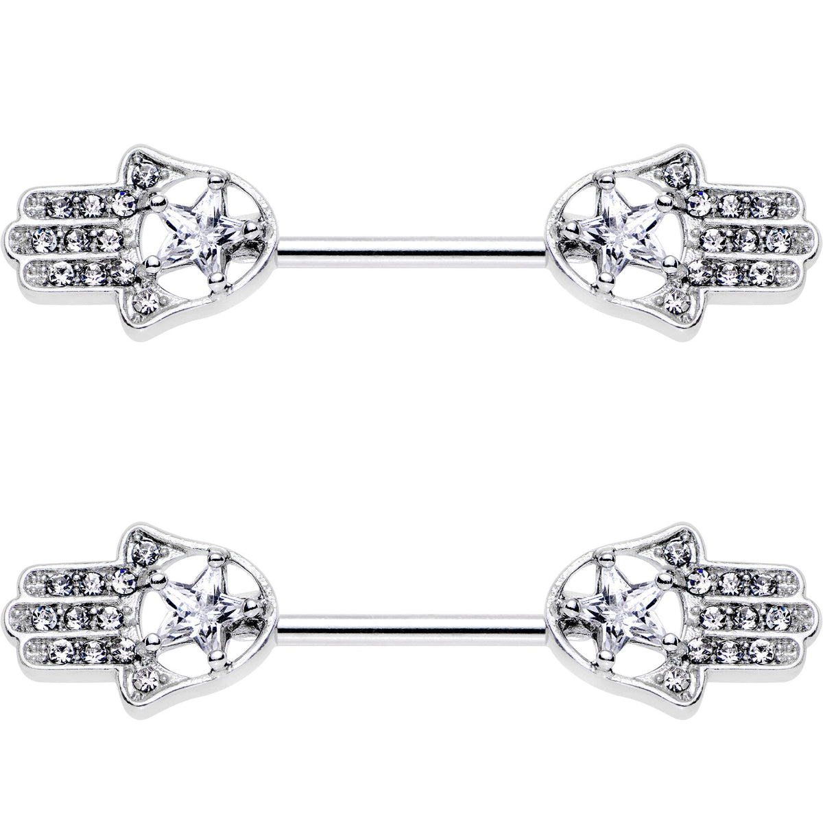 14G 9/16 Clear Gem Star Hamsa Hand Barbell Nipple Ring Set