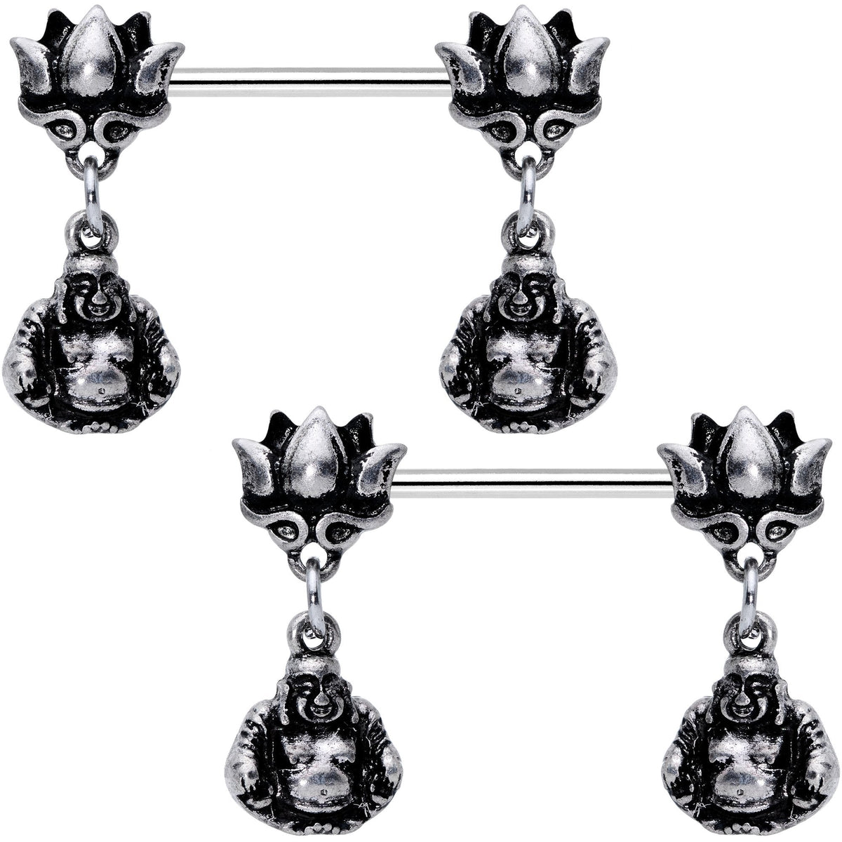 Inner Strength Buddha and Lotus Flower Barbell Dangle Nipple Ring Set