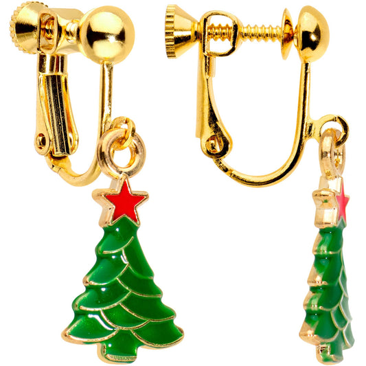 Gold Plated Christmas Tree Star Clip On Earrings