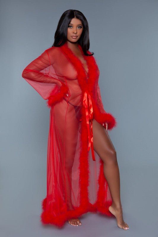 Marabou Robe Full-Length Chiffon Robe with Faux Fur Trim