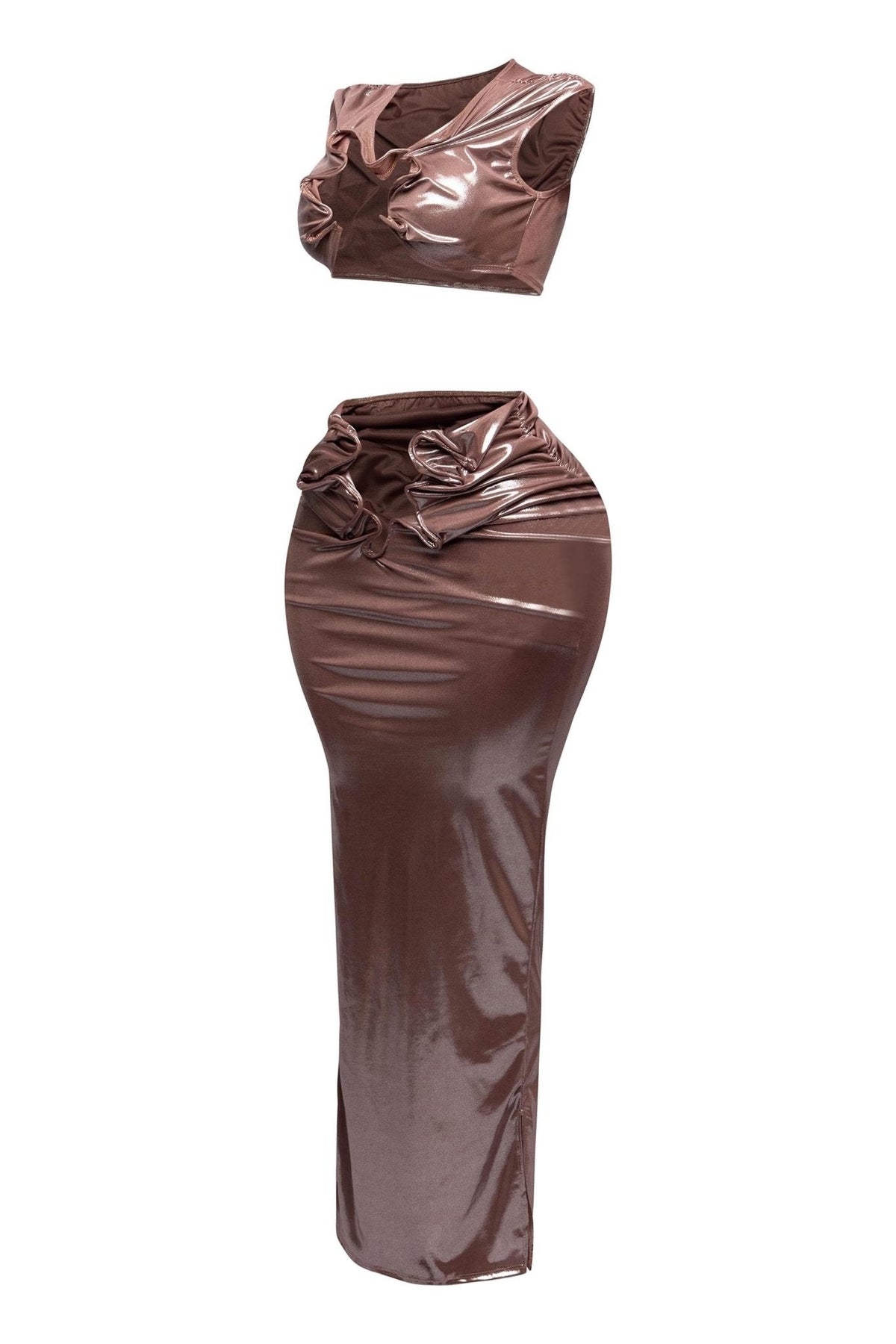 Starlust Metallic Foil Crop Top & Maxi Skirt Set โ Two Piece Outfit
